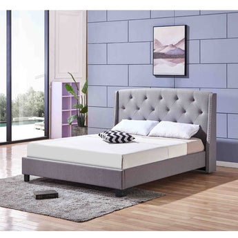 EH1072 Modern Grey Winged Headboard Linen Fabric Bed Frame (Mattress Not Included)