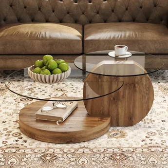 WF09 Double Layer Clear Tempered Glass Dark Wood Grain Coffee Table