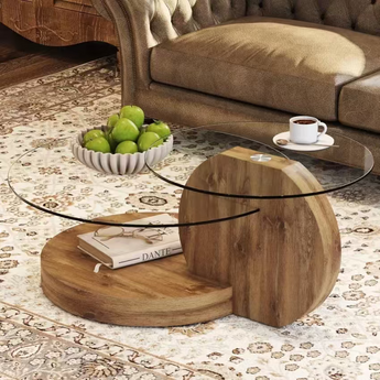 WF09 Double Layer Clear Tempered Glass Dark Wood Grain Coffee Table