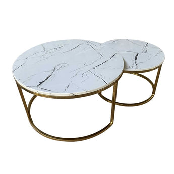 2-Piece Moorstone Marble Stone & Gold Nestle Coffee Table Set/Side Table