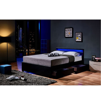 HAMILTON Black PU Leather Bed Frame with LED Light and Four Drawers EH1119