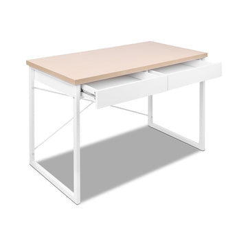 Metal Frame Office Desk / Study Desk with Two Drawers - Wood Top White Frame